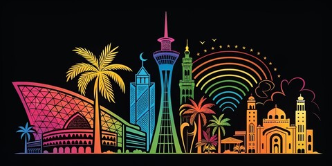 Wall Mural - an abstract design with bright, vibrant colors and shapes popping against a solid black background, 