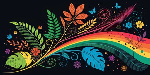 Wall Mural - an abstract design with bright, vibrant colors and shapes popping against a solid black background, 
