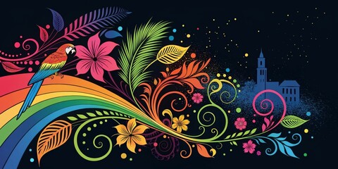 Wall Mural - an abstract design with bright, vibrant colors and shapes popping against a solid black background, 