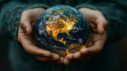 Wall Mural - person holding glowing earth in open hands