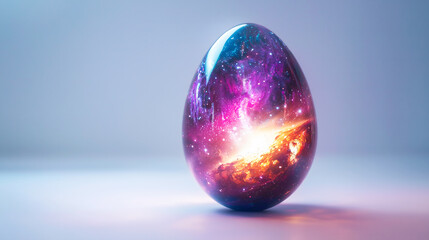 A vibrant cosmic-themed egg with a glowing core, featuring a galaxy-like pattern of stars and nebulae, set against a soft gradient background, perfect for creative and mystical designs.