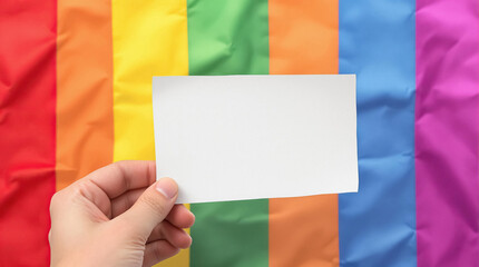 Wall Mural - Hand holds blank card against vibrant colorful rainbow flag backdrop Space for message celebration of diversity
