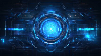 Futuristic blue technology interface with glowing circle and digital data.