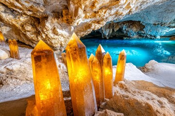Poster - A magical canyon filled with glowing crystals embedded in the rock walls, casting a soft ethereal light