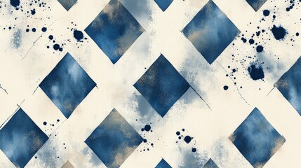 Wall Mural - A blue and beige pattern with indigo ink splashes, on a cream background. The design features stylized diamond shapes with watercolor washes
