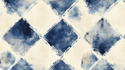 Wall Mural - A blue and beige pattern with indigo ink splashes, on a cream background. The design features stylized diamond shapes with watercolor washes