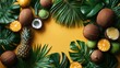 © Ta - Summer weekend concept Top view photo of fresh tropical fruits, coconuts, pineapple, and palm leaves on isolated yellow background with copyspace.