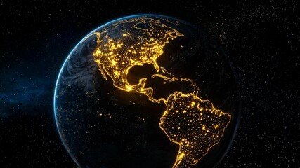 Wall Mural - planet earth rotating in space showing north and south america at night