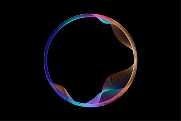 Poster - Abstract round frame with circle wave lines pattern in neon gradient colors isolated on black background with copy space. Vector design template for AI, futuristic technology banner, music poster
