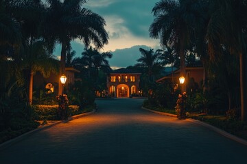 Wall Mural - palm tree-lined driveway at night