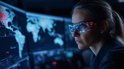Woman viewing data on screens wearing augmented reality smart glasses