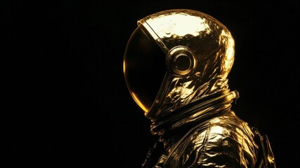 Wall Mural - golden astronaut looking right on black background