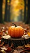 © Phetthanousack - Golden pumpkin on wooden plank amidst falling leaves, forest background, pumpkins, seasonal decor