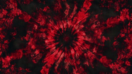 Wall Mural - A red tie-dye pattern with dark shades of crimson and scarlet, blending together in an intricate spiral design. The background is solid black to highlight the detailed texture of the fabric