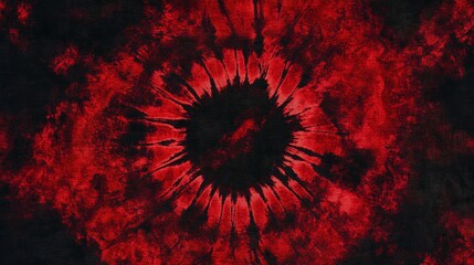 Wall Mural - A red tie-dye pattern with dark shades of crimson and scarlet, blending together in an intricate spiral design. The background is solid black to highlight the detailed texture of the fabric