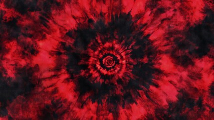 Wall Mural - A red tie-dye pattern, with dark shades of crimson and scarlet, blending together in an intricate spiral design. The background is solid black to highlight the detailed texture of the fabric