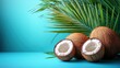 © Ta - Top view photo of cracked coconuts and palm leaves on pastel blue background with copyspace for summer weekend concept.