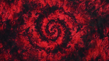 Wall Mural - A red tie-dye pattern, with dark shades of crimson and scarlet, blending together in an intricate spiral design. The background is solid black to highlight the detailed texture of the fabric
