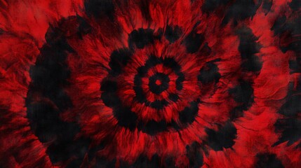 Wall Mural - A red tie-dye pattern, with dark shades of crimson and scarlet, blending together in an intricate spiral design. The background is solid black to highlight the detailed texture of the fabric