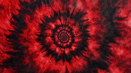Wall Mural - A red tie-dye pattern, with dark shades of crimson and scarlet, blending together in an intricate spiral design. The background is solid black to highlight the detailed texture of the fabric
