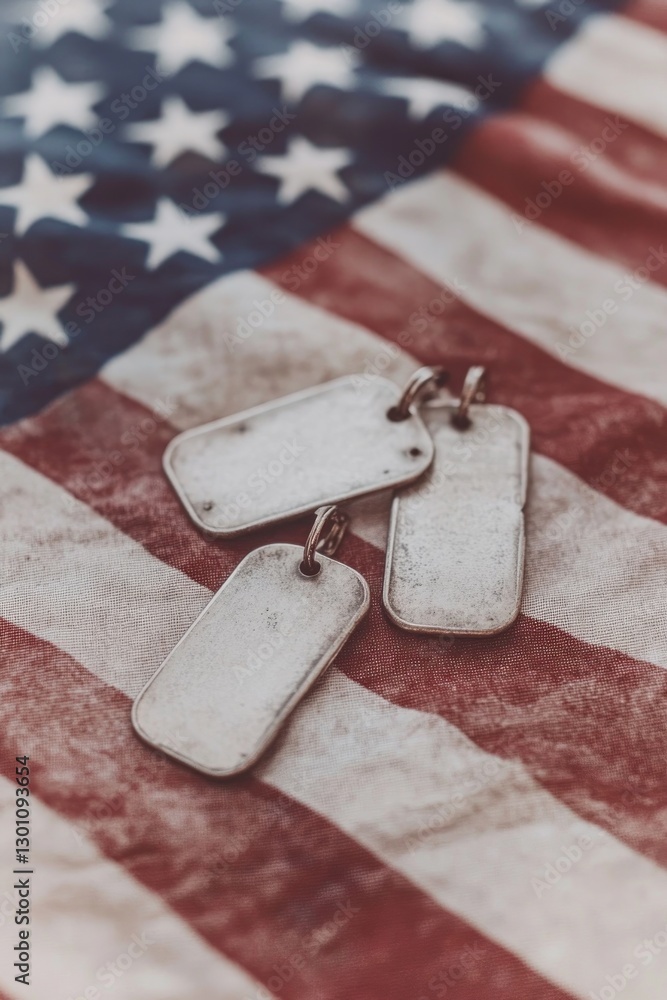flat lay of vintage military dog tags resting on aged american flag ...