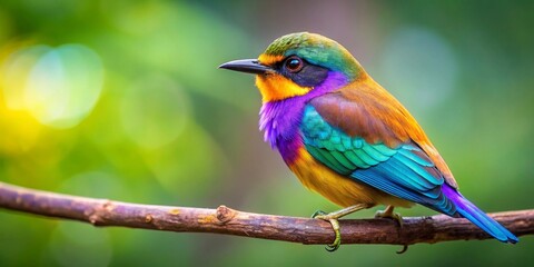 vibrant plumage of a colorful bird perched on a branch, showcasing iridescent feathers in a lush gre