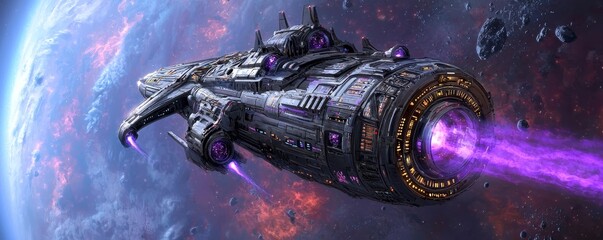 Wall Mural - A futuristic spaceship with glowing purple engines navigates through space, surrounded by a vibrant cosmic background and asteroids.