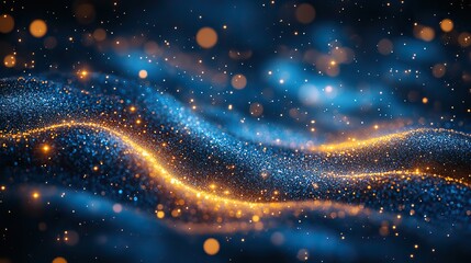 Wall Mural - trendy blue and yellow bokeh festive glitter dark background, christmas lights overlay pattern.
