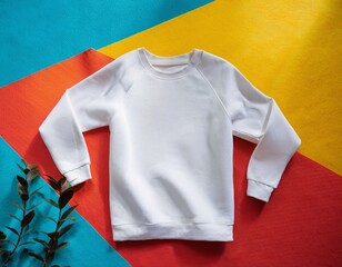 casual white sweatshirt mockup raglan long sleeve tee lying on vibrant graphic abstract surface flat