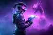 © Jamppidlaew - Futuristic woman with VR headset, holding futuristic gun, facing mythical dragon, cosmic landscape