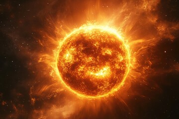 Wall Mural - bright sun in space. orange star with flares. celestial body with heat. galaxy and cosmic dust. glow