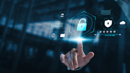 Wall Mural - businessman touching padlock icon encryption security code protects company data and personal inform