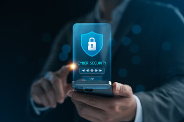 Wall Mural - cyber ​​security and data protection, businessman using smartphone to encrypt security to protect ag