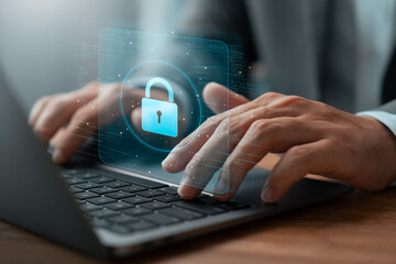 Wall Mural - cyber ​​security, businessman using laptop with padlock login security password and scan unlock, per