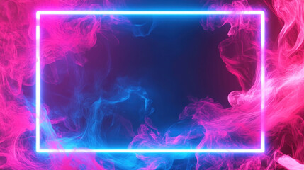 Wall Mural - neon frame glowing on a smoky background with pink and blue colors