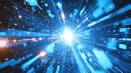 Wall Mural - abstract blue hyperspace jump with glowing particles and light speed streaks