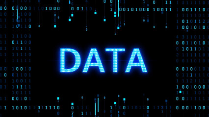 Digital data concept with futuristic blue text and binary code, representing technology, information systems, and online communication in a digital world