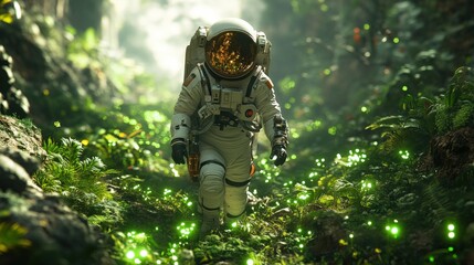 an astronaut walks through a lush, bioluminescent jungle.