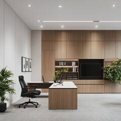 Poster - Sophisticated Modern Office Interior with Wood Paneling, White Desks, and Lush Greenery Creating a Productive Workspace.