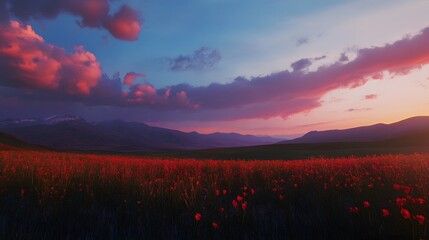 Wall Mural - breathtaking cinematic landscape scene with vibrant red clouds against a serene blue sky at dusk cre