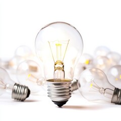 Fototapete - Bright Idea: A Light Bulb Shines Among Others, Symbolizing Inspiration and Innovation on White Background