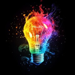 Fototapete - A Vibrant Spectrum: Light Bulb Surrounded by Colorful Energy on a Black Background.
