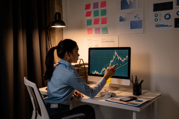 Fototapete - Businesswoman analyzing financial data on computer screen working late at night in office