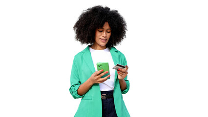 Young woman making online payment using smartphone and credit card on transparent background