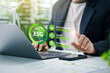 © Antony Weerut - ESG, environment social governance investment sustainable business concept. Man use computer to analyze ESG icon. Green environmental business finance strategy and ECO corporate company report.