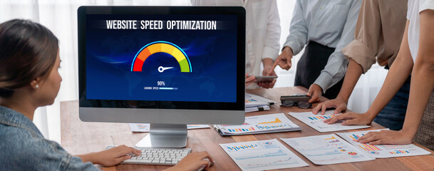 Fototapete - Computer software evaluating website loading speed. Concept of improving website loading speed brisk.