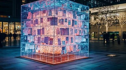 Wall Mural - this glowing cube features intricate designs and vibrant colors. it attracts onlookers in a bustling