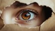 © AI Photo Stock - A Curious Gaze Through the Breach - A single brown eye peeks through a torn cardboard, symbolizing curiosity, vulnerability, secrecy, observation, and hidden potential