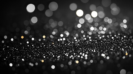 Black and white bokeh festive glitter dark background, Christmas lights overlay pattern, modern design.
