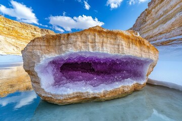 Poster - A magical canyon filled with glowing crystals embedded in the rock walls, casting a soft ethereal light